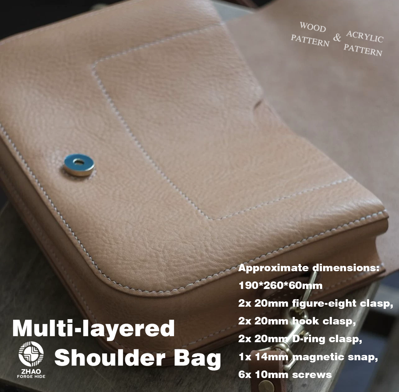 Multi-Layer Leather Shoulder Bag Die Cutter – Leather Craft Pattern Tool, 190 x 260 x 60 mm Finished Size