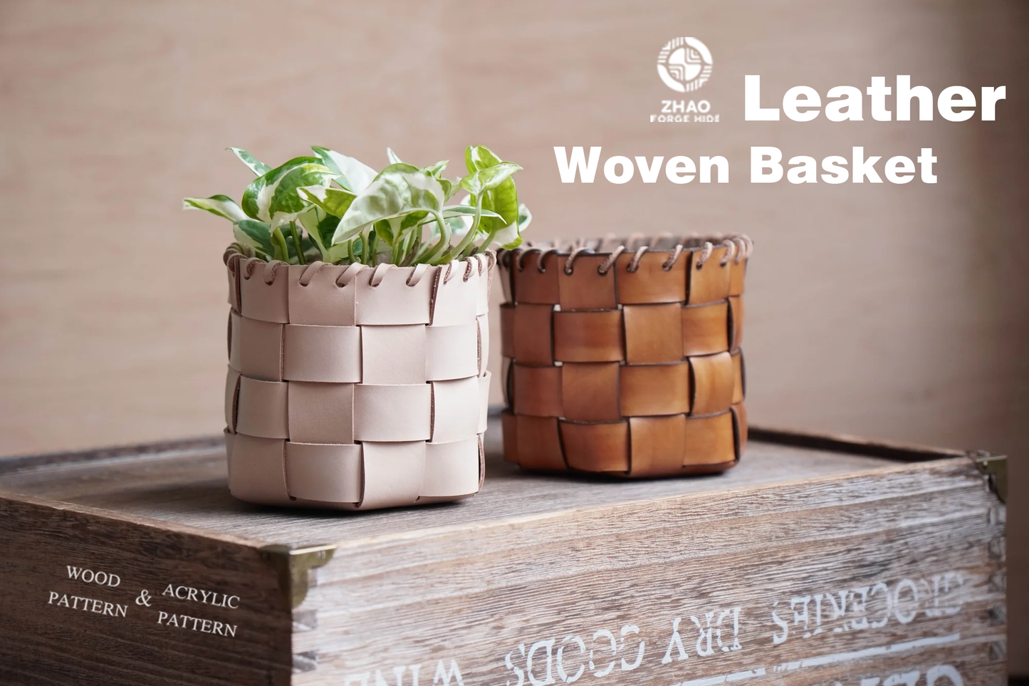 No-Stitch Woven Leather Basket Die Cutter – DIY Plant Pot Holder Craft Pattern Tool, Wood/Acrylic Mold or Acrylic/Kraft Template, 4.5" H x 5" Diameter for 4" Pot