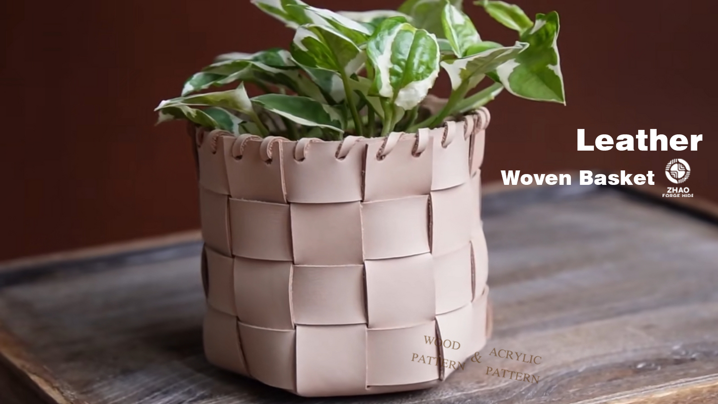 No-Stitch Woven Leather Basket Die Cutter – DIY Plant Pot Holder Craft Pattern Tool, Wood/Acrylic Mold or Acrylic/Kraft Template, 4.5" H x 5" Diameter for 4" Pot